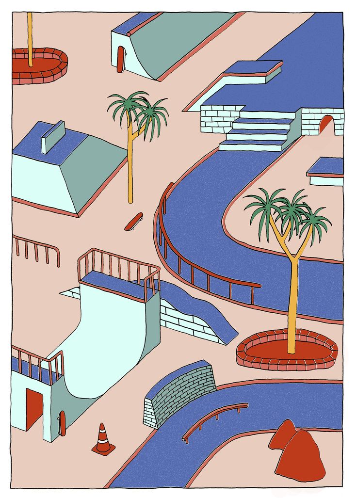 an illustrated drawing of a city with palm trees and other things on the ground in front of it