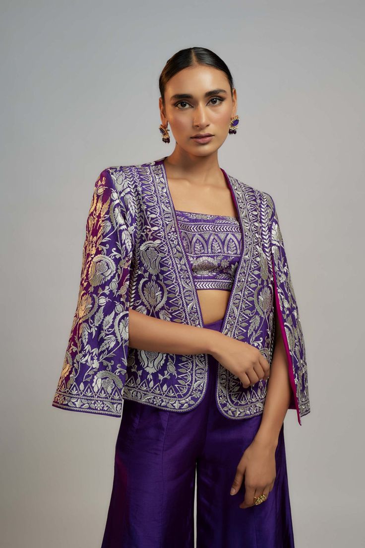 Gopi Vaid | Purple Sanya Jacket And Palazzo Set | INDIASPOPUP.COM Blazer Blouse Saree, Traditional Coord Sets, Blazer Coord Set, Gopi Vaid, Shawl Jacket, Trendy Outfits Indian, Jacket Blouse, Cord Set, Desi Fashion Casual