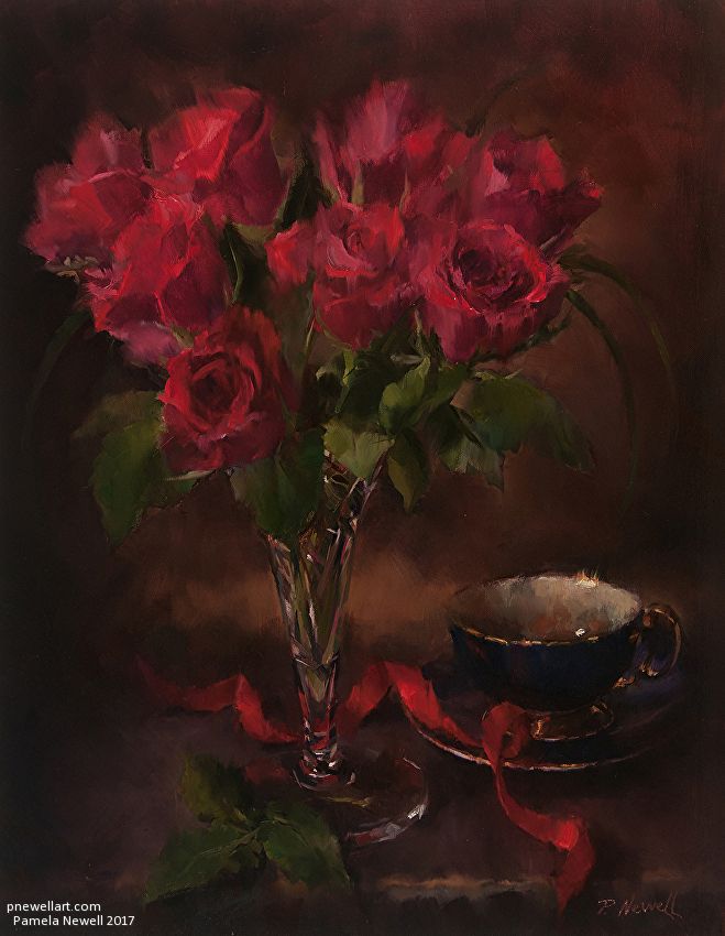 a painting of red roses in a glass vase next to a plate with a bowl on it