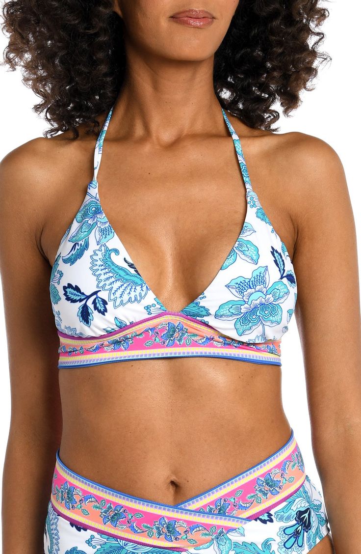 Sunny yellow and watery blue color the batik-inspired print of a halter bikini top with lightly gathered cups that adjust along the band for customizable coverage. Ties behind back and neck. Nylon/elastane; machine wash. By La Blanca; imported. Women's Active & Swim. Triangle Halter Top For Pool Vacation, Triangle Top Halter For Pool Vacation, Vacation Triangle Halter Top For Pool, Printed Halter Top For Poolside, Beachwear Style, Adjustable Padded Halter Top For Pool, Blue Halter Top With Tie Back For Pool, Blue Tie Back Halter Top For Pool, Padded Halter Neck Top For Pool, Vacation Halter Top With Padded Cups And T-back