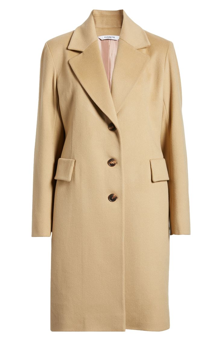 Serve elevated vibes in a single-breasted notched-collar coat rendered in a classic fit with soft tailoring. This modern classic is made of Italian wool which has a luxurious touch and feel. Details include handcrafted Italian buttons, faux pocket flaps with in-seam pockets and a center-back vented hem. 38" regular length (size 8) Front button closure Notched lapels Decorative flap pockets Back vent Lined 100% wool Dry clean Made in the USA of imported fabric Chic Outerwear With Pressed Crease And Lapel Collar, Chic Fall Outerwear With Pressed Crease, Chic Outerwear With Pressed Crease For Fall, Classic Notch Lapel Wool Coat For Spring, Classic Wool Coat With Notch Lapel For Spring, Classic Solid Outerwear With Pressed Crease, Chic Single-breasted Outerwear With Flat Front, Classic Wool Coat With Notch Lapel, Classic Beige Outerwear With Pressed Crease