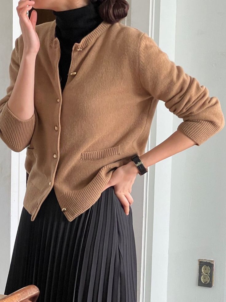 Long sleeve round neck button through cardigan in wool cashmere blend. Soap button details. Model is in MINUSEY ONE SIZE. ✔️ Free worldwide express shipping over $100✔️ Loved by 6,500+ customers✔️ Limited edition collections, maximum style⠀⠀⠀⠀⠀⠀⠀⠀⠀Stay ahead of the trend with can’t-find-anywhere-else staples. Your closet will thank you 💕* MINUSEY ONE SIZE = EU 34-38, US 2-6* 75% Merino Wool / 10% Cashmere / 15% Nylon* Dry clean* Made in Korea - Model Height: 172cm/5'7" (US2, EU34) Classic Brown Cardigan With Button Cuffs, Solid Button Sweater For Work, Brown Sweater With Button Cuffs For Work, Brown Workwear Sweater With Button Cuffs, Winter Business Casual Cardigan With Button Closure, Brown Cashmere Cardigan With Buttons, Cashmere Workwear Cardigan With Button Closure, Solid Color Sweater With Button Closure For Work, Cashmere Cardigan With Buttons For Work