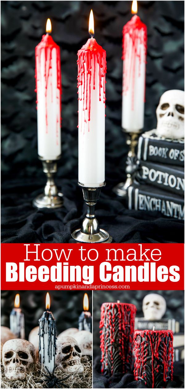 Halloween Candle Making Ideas, Diy Fake Halloween Candles, Vampire Halloween Decorations Diy, Diy Halloween Taper Candles, Fake Candles Halloween, Candle Making Halloween, Halloween Pillar Candles, How To Make Black Candles, Halloween Candle Molds