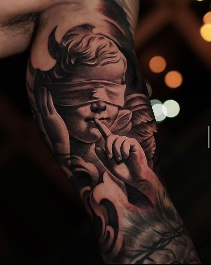 Baptist Tattoo, Chicano Sleeve Tattoo, Chicano Tattoo Design, Inside Bicep Tattoo, Bicep Tattoo Men, Hand Tattoo Designs, Cherub Tattoo, Evil Tattoo, Realistic Tattoo Sleeve