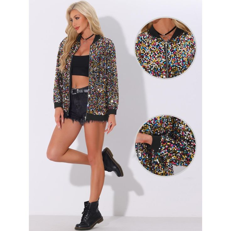 This stunning jacket is designed with long sleeves, a shiny sparkle sequin fabric, and a fashionable zipper front in a variety of dazzling multi-colors. The shimmering sequins bring a touch of glamour and elegance to any outfit. Its regular fit ensures comfort and style, making it the perfect addition to your wardrobe. The sequin bomber jacket ingeniously combines of sequins with the classic design of a bomber jacket, making it an ideal present for the upcoming holidays. For a captivating and st Long Sleeve Glitter Outerwear For Party Season, Trendy Party Outerwear With Zipper Closure, Glitter Long Sleeve Spring Outerwear, Glitter Long Sleeve Outerwear For Spring, Spring Glitter Long Sleeve Outerwear, Multicolor Long Sleeve Outerwear For Party, Multicolor Sequined Outerwear For Fall, Trendy Spring Outerwear With Contrast Sequin, Disco Sequin Outerwear For Fall