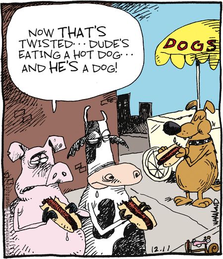 a cartoon depicting two dogs eating hotdogs and one dog is talking to each other