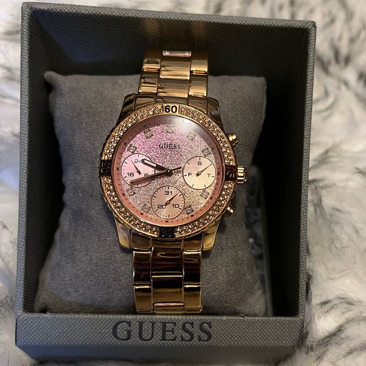 This Is A Guess Rose Gold Watch. There Are No Defects; The Battery Works. The Watch Fits Comfortably On A Wrist With A Circumference Of About Six Inches. Pink Watch With Subdials As Gift, Pink Watches With Subdials As A Gift, Pink Chronograph Watch For Formal Occasions, Pink Chronograph Watch As Gift, Luxury Pink Diamond Watch With Subdials, Pink Chronograph Watch For Gift, Luxury Pink Diamond Watch As Gift, Luxury Pink Analog Watch, Pink Watches With Diamond Hour Markers