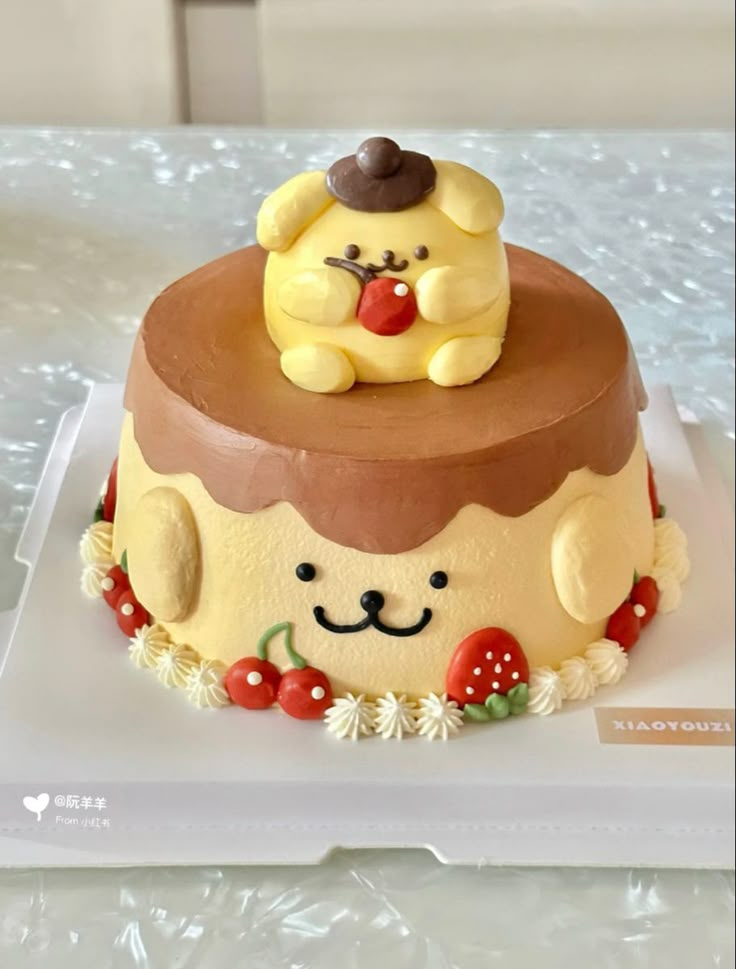 there is a cake that looks like a dog on it's head and has cherries around its neck