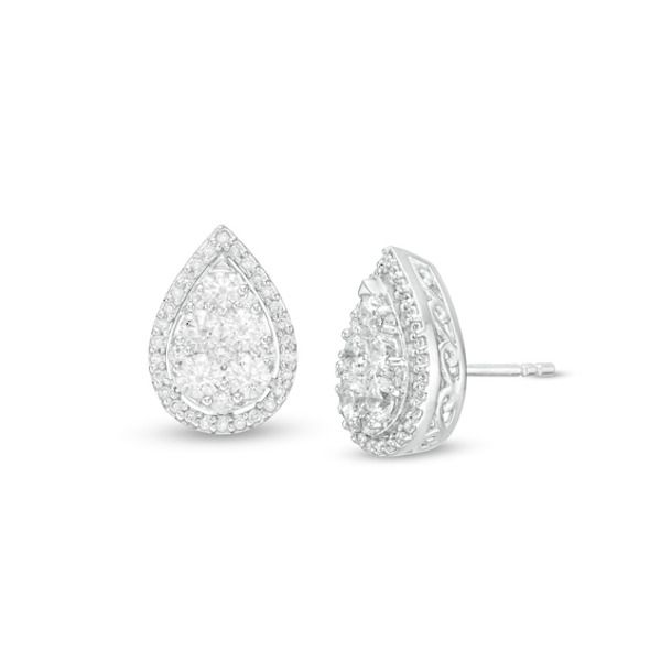 Sparkling with anytime appeal, these diamond stud earrings are a must-have for her jewelry wardrobe. Fashioned in 14K white gold, each sumptuous earring showcases a pear-shaped composite of diamonds - the largest two being 1/15 ct. each - wrapped in a frame of dainty diamonds. Captivating with 1 ct. t.w. of diamonds and a bright polished shine, these post earrings secure comfortably with friction backs. Timeless Pear-shaped Diamond White Earrings, Pear-shaped White Gold Diamond Earrings With Accents, Pear-shaped White Diamond Earrings, Fine Jewelry White Gold Pear Diamond Earrings, Fine Jewelry Pear Shaped White Gold Diamond Earrings, Pear-shaped White Gold Diamond Earrings, White Diamond Drop Earrings With Accents, Classic Pear-shaped Pave Setting Earrings, Classic Pear-shaped Earrings With Pave Setting