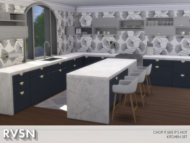 a rendering of a kitchen with marble counter tops and blue cabinets, along with bar stools