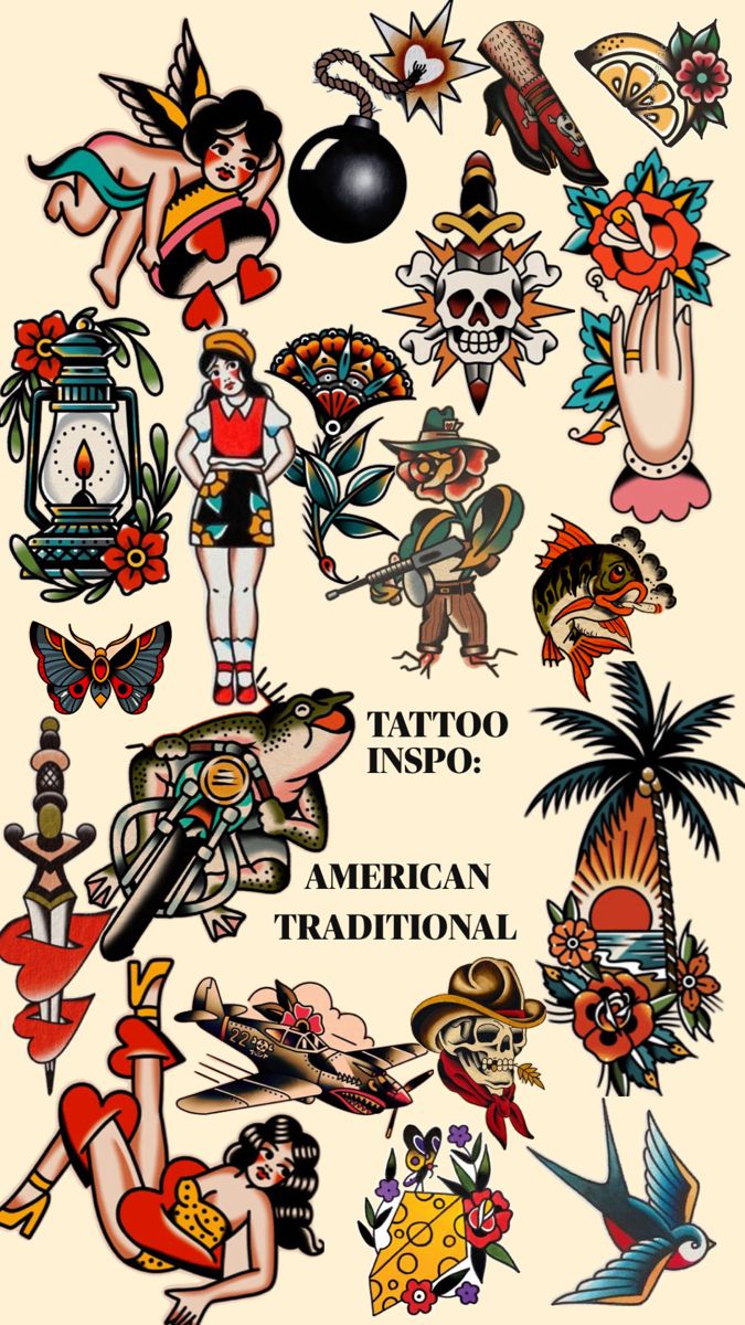 an old school tattoo flash sheet with various tattoos and designs on the back of it