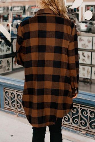 This classic brown and black plaid pattern long flannel shirt is very figure flattering, it can be worn over any t-shirt or cami to create a trendy street style. Runs a little more fitted. Sleeves run shorter than other flannels. Size Chart (INCH) Sizes Bust Sleeve_Length Length Front S 36 22 35.4 M 38 22 35.8 L 40 22 36.2 XL 42 23 36.6 2XL 46 23 37.0 Elasticity Slight Breast Sizes Chart, Plaid Print Coat, Orange Flannel, Plaid Print Shirt, Brown And Orange, Trendy Street Style, Trendy Fashion Outfits, Print Coat, Plaid Design