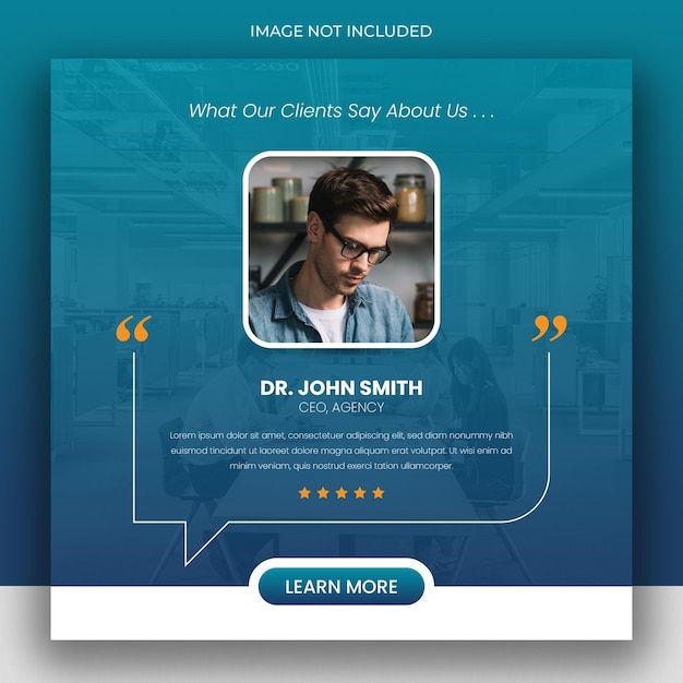 a blue and white flyer with a man in glasses on the front, text reads what our clients say about us