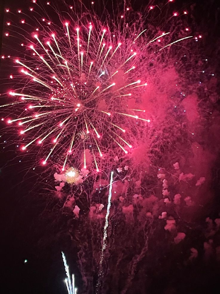 fireworks are lit up in the night sky with pink and red lights on it's side