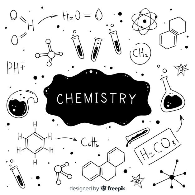 black and white illustration with the word chemistry surrounded by doodles