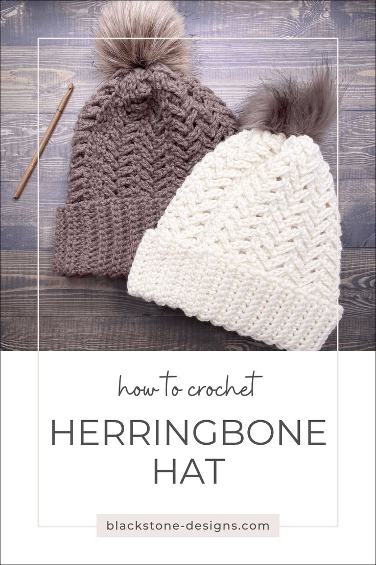 two knitted hats with text overlay that says how to crochet herringbone hat