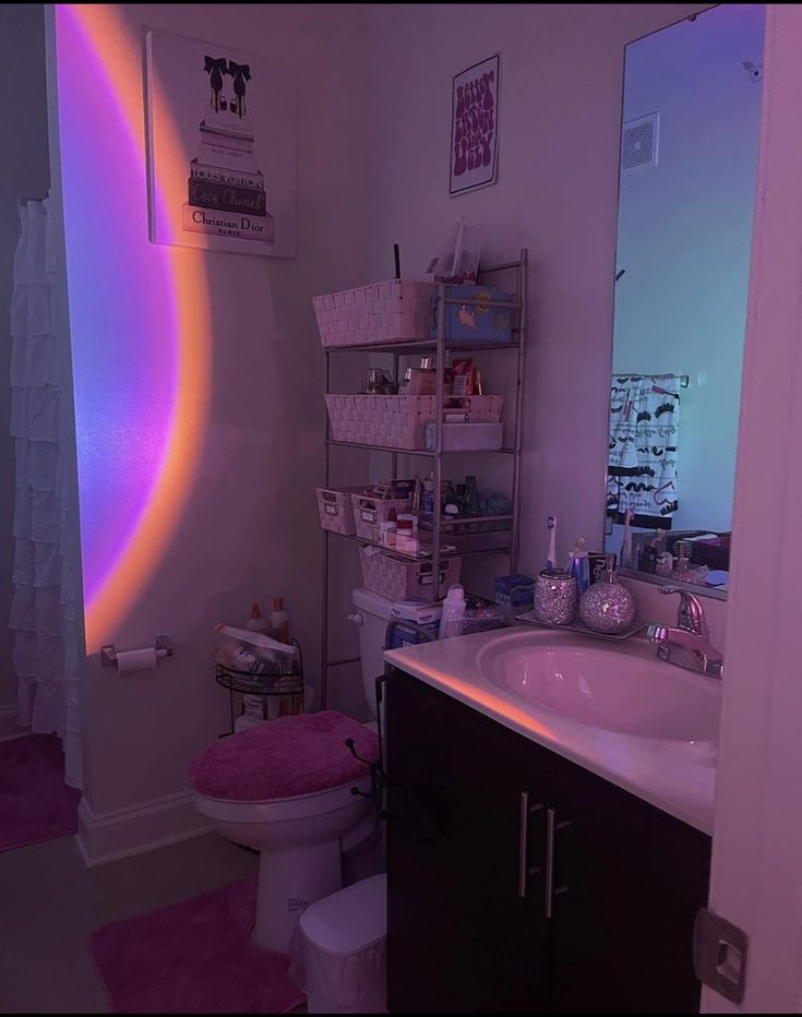 a bathroom with a sink, toilet and shelves on the wall above it's mirror