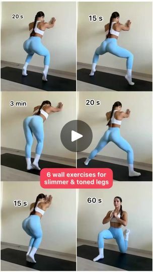 a woman in blue pants doing exercises for her legs and arms with the instructions below