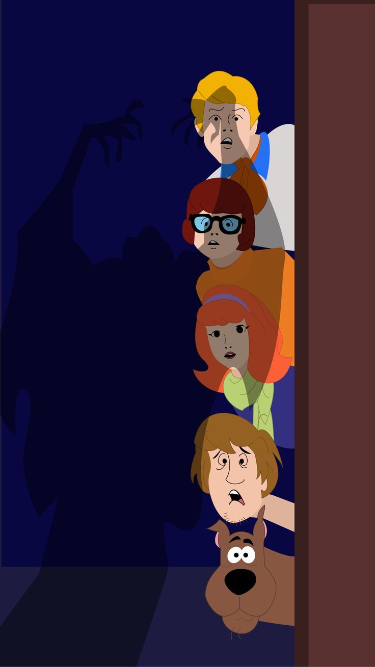 the cast of scooby and friends standing together in front of a dark background