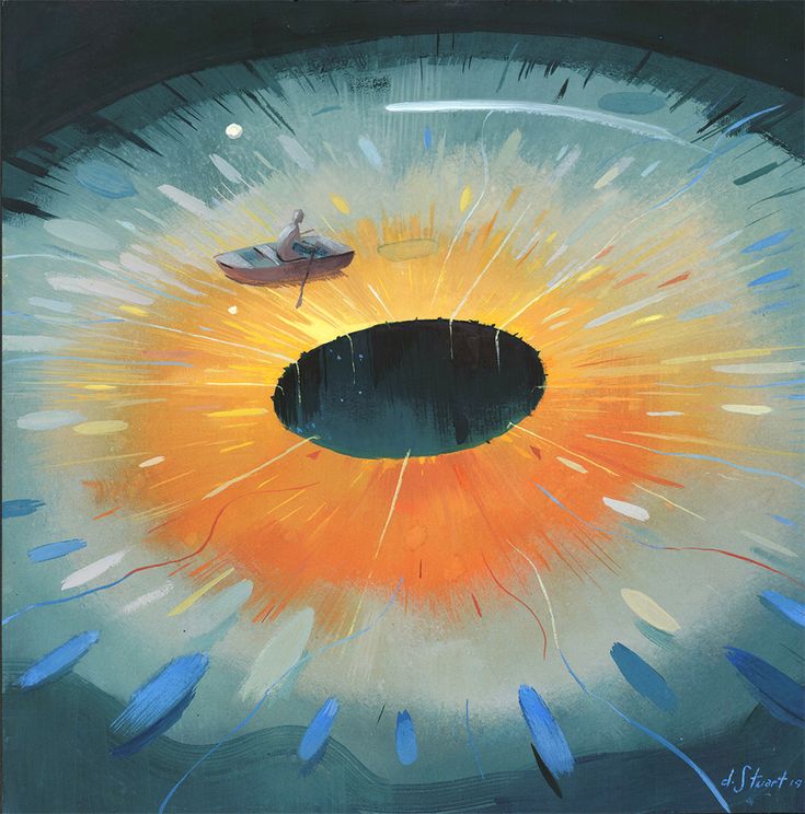 an abstract painting with blue and orange colors on the bottom, yellow center surrounded by small white dots