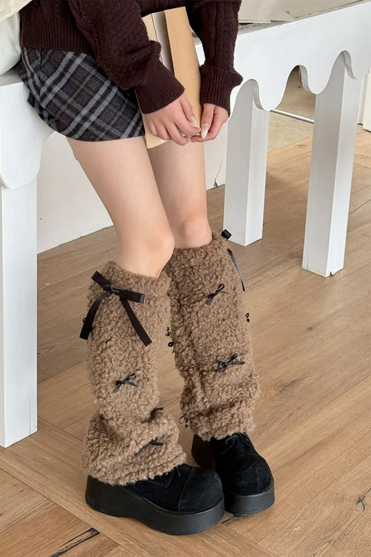 brown bows fuzzy leg warmers, plush leg warmers, preppy aesthetic accessories, boogzel clothing Ankle Warmers Outfit, Fuzzy Accessories, Fuzzy Clothes, Brown Y2k Outfit, Leg Warmers Aesthetic, Leg Warmers Cute, Coquette Heels, Fuzzy Leg Warmers, Y2k Socks