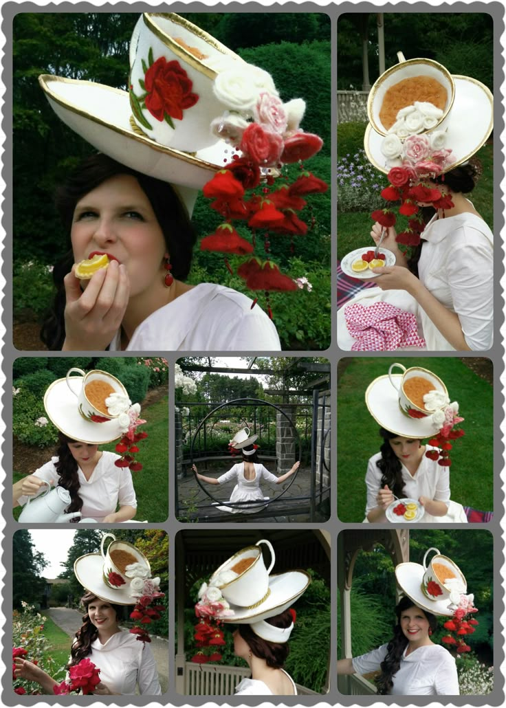 a collage of photos with hats and flowers on them, including one woman eating