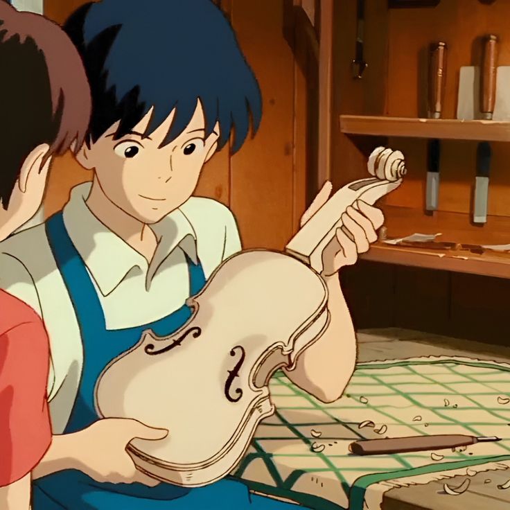 two young boys are playing the violin in an animated scene from studio ghiz