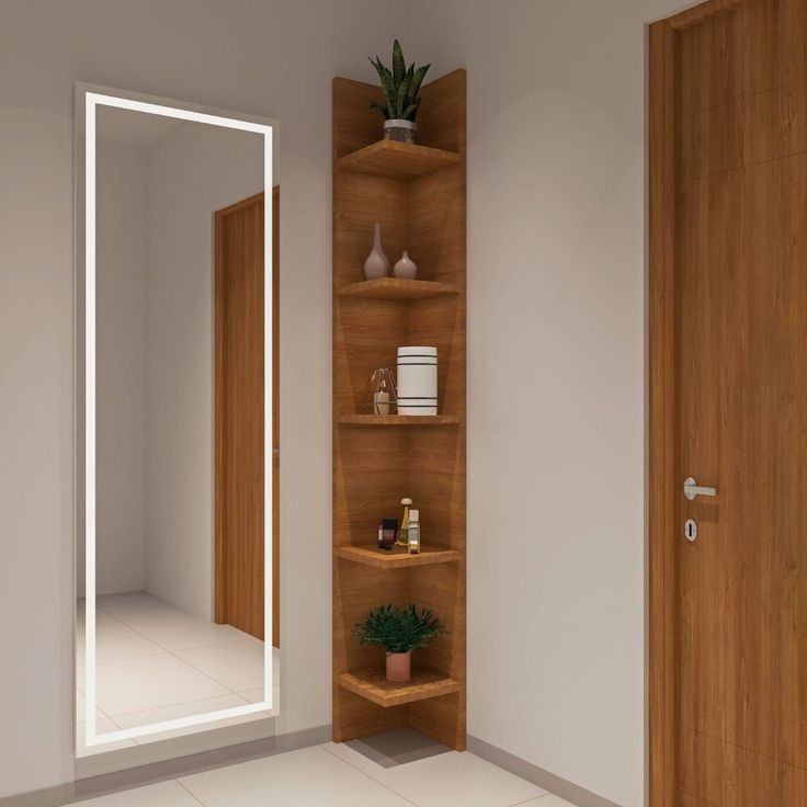 a room with a mirror, shelf and potted plant on the floor in front of it