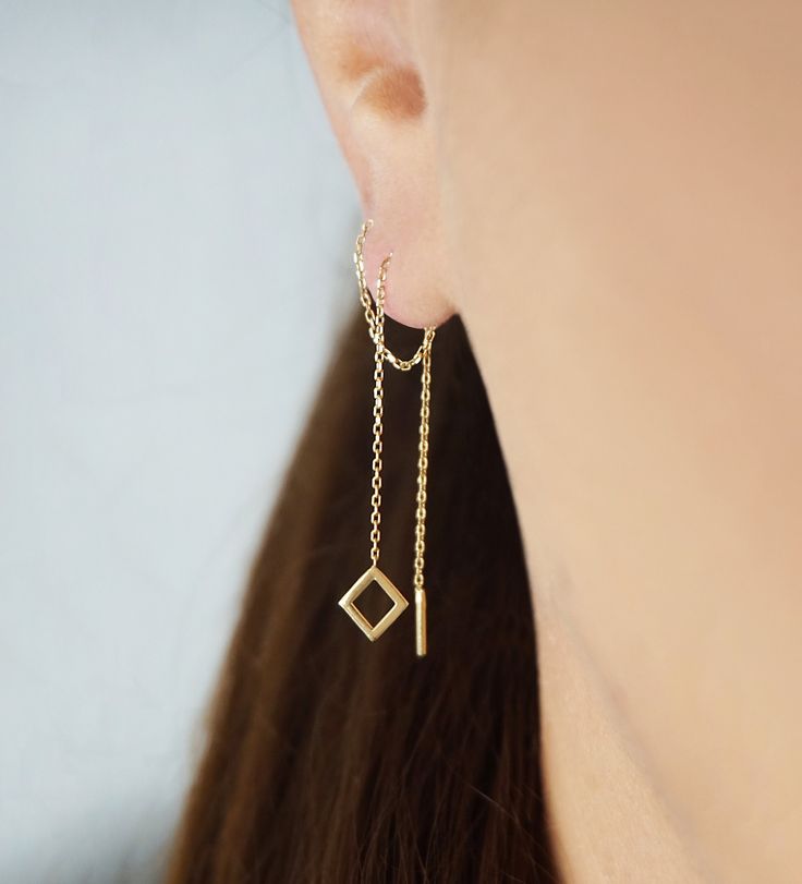 14K 9K Gold Rhombus Threader Earrings, Solid Gold Minimalist Earrings, Dainty Rhombus Threaders, Long Chain Earrings, Geometric gold earrings, Gift for her, FREE EXPRESS SHIPPING Dainty and minimalist 14K or 9K Solid gold threader earrings with a small small rhombus/diamond shape. A lovely, versatile pair of earrings/earring that you will love wearing all day, everyday! Whisper...Minimalism at its finest! :) ------------------------------------------------- D E T A I L S 14K Solid Gold or 9K Sol Minimalist Diamond Cut Drop Earrings, Minimalist Geometric Jewelry In 14k Gold, Minimalist Everyday Diamond-shaped Jewelry, Minimalist 14k Gold Geometric Jewelry, Minimalist Geometric 14k Gold Jewelry, Minimalist Diamond-shaped Earrings For Gift, Minimalist Diamond-shaped Everyday Jewelry, Everyday Minimalist Diamond-shaped Jewelry, Geometric 14k Gold Jewelry