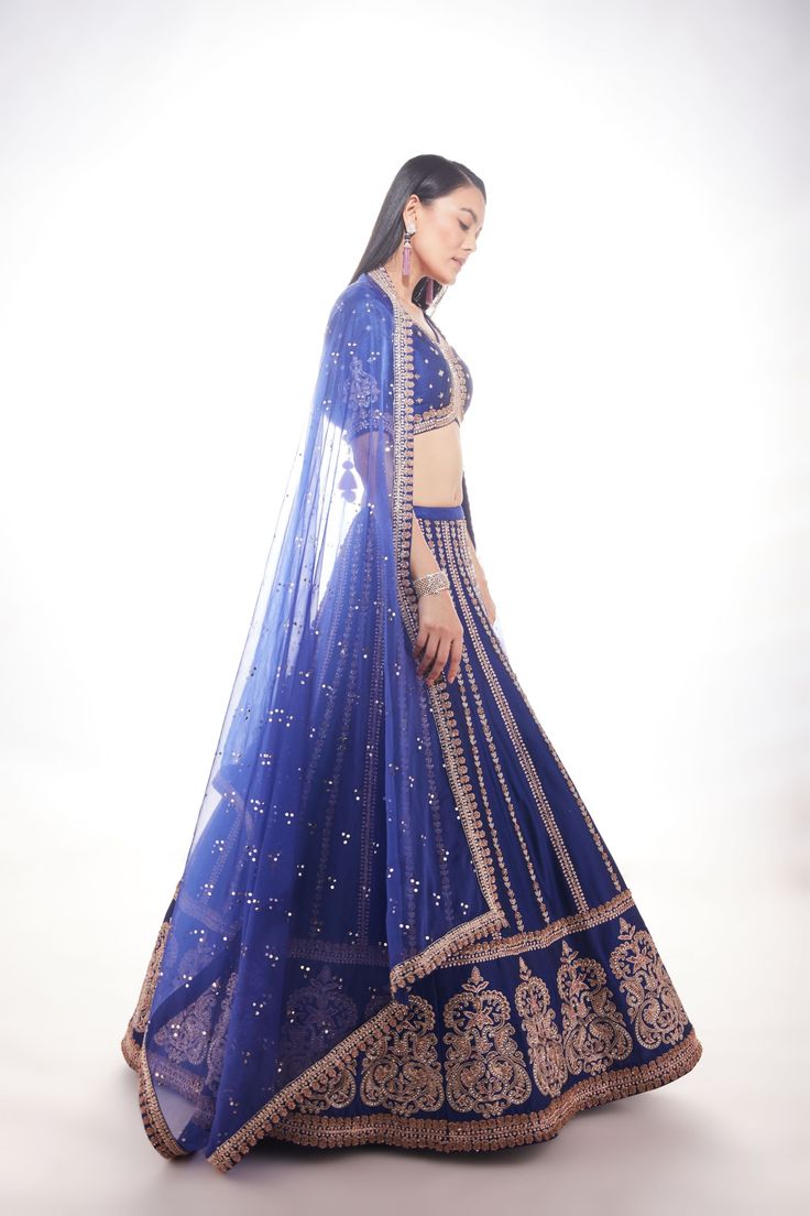 Blue silk lehenga with intricate motifs at the base and delicate lines of zardozi paired with matching blouse and net dupatta with thick main border and thinner borders on 3 sidesFrom Chamee and Palak 's The Wedding Edit collectionDELIVERY TIMEPlease allow 8-12 weeks for your outfit to arrive.FABRIC DETAILSSilk And NetProfessional cleaning only. Blue Silk Lehenga, Wedding Edit, Classic Blouses, Embroidered Lehenga, Silk Lehenga, Gold Silk, Net Dupatta, Silk Skirt, Blue Silk