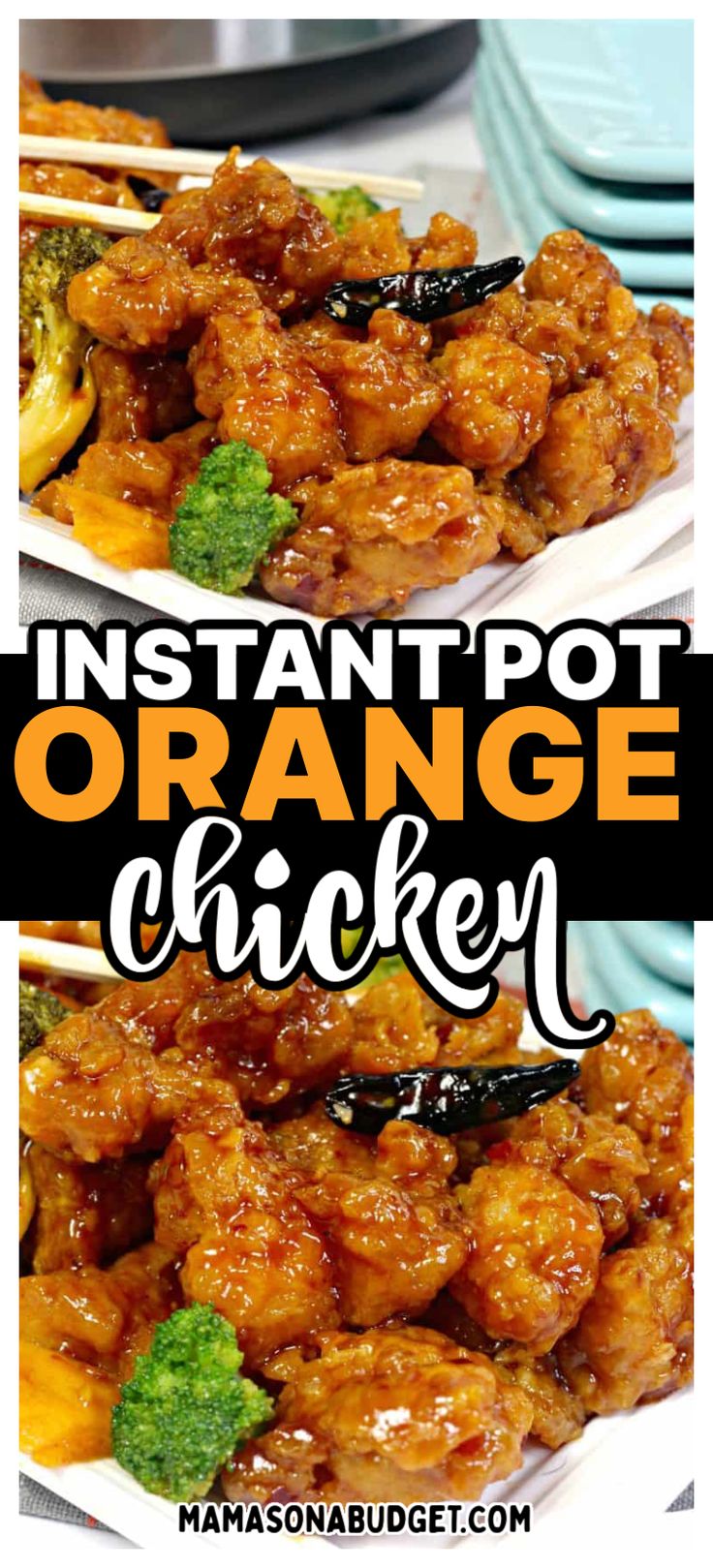 instant pot orange chicken with broccoli and carrots in it on a white plate