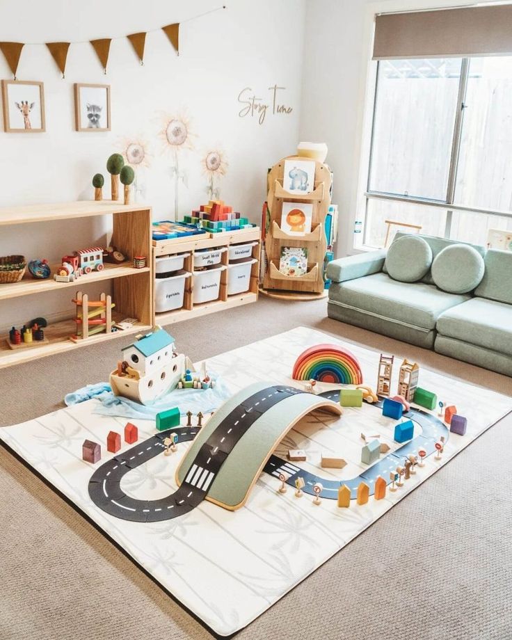 a child's play room with toys on the floor