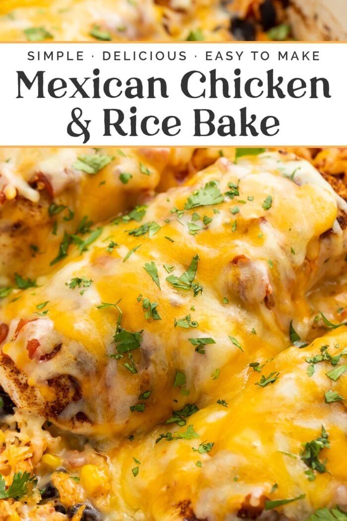 mexican chicken and rice bake in a casserole dish with text overlay