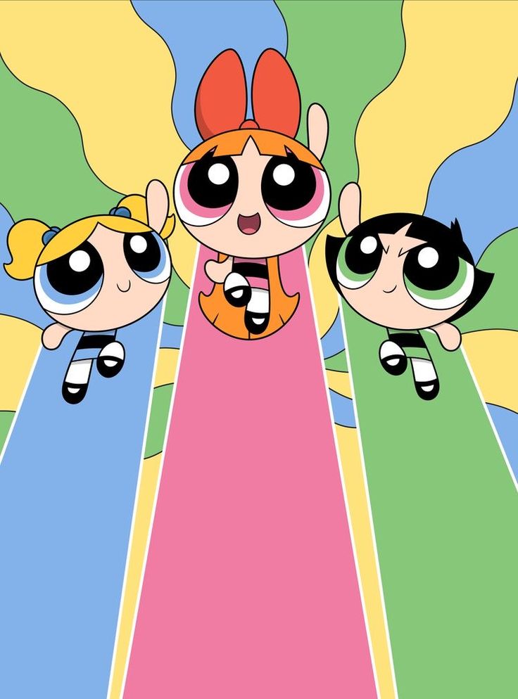 the powerpuff girls wallpaper with three cartoon characters in front of an abstract background