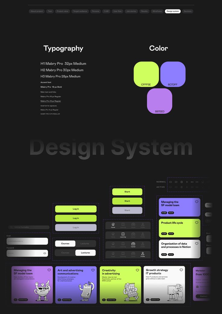 the website design for typography is shown in purple, green and yellow