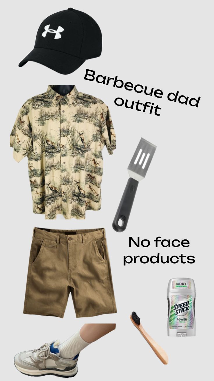 a man's outfit and hat with the words barbeque dad outfit, no face products