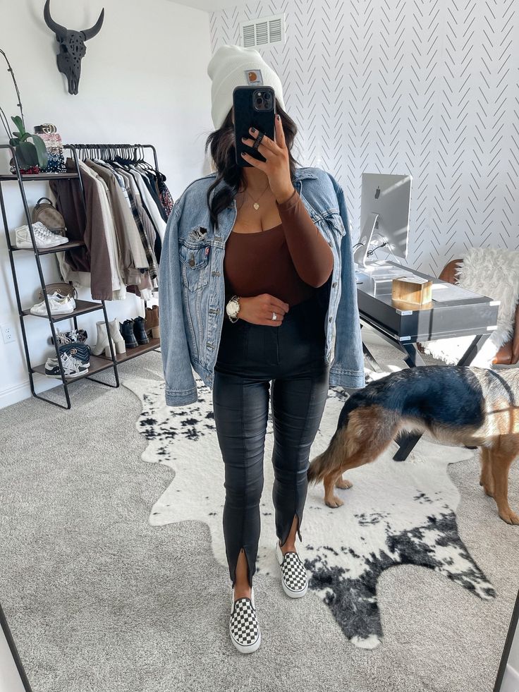 Split Hem Leather Pants Outfit, Brown Bodysuit Outfit, Bodysuit Outfit Winter, On Sneakers Outfit, Fall Bodysuit Outfit, Slip On Sneakers Outfit, Brown And Black Outfit, Carhartt Beanie Outfit, Checkered Vans Outfit