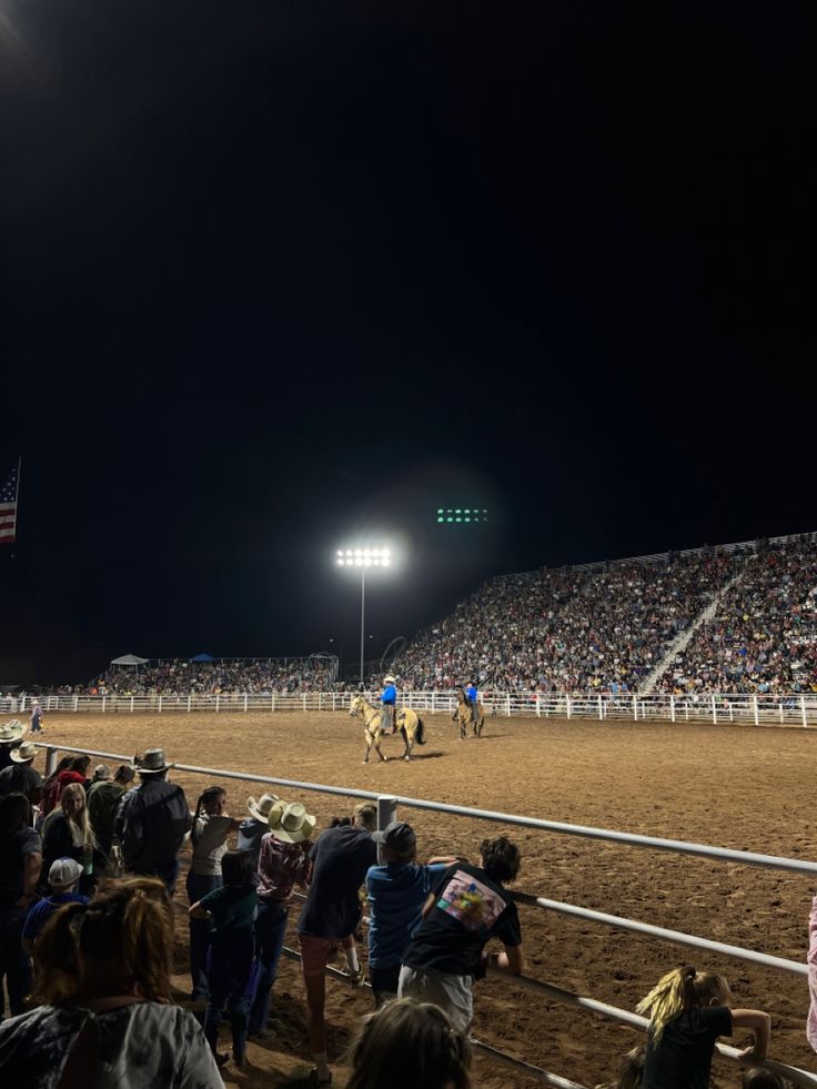 people are watching horses in an arena at night