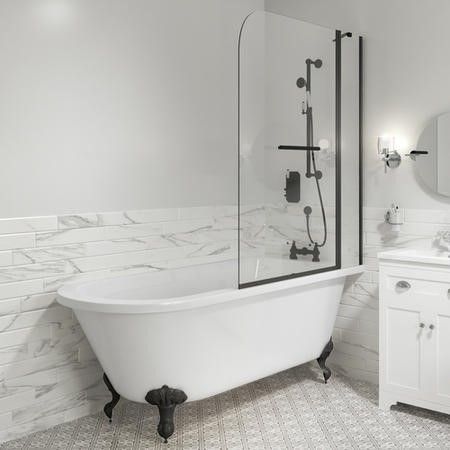 a white bath tub sitting under a bathroom mirror