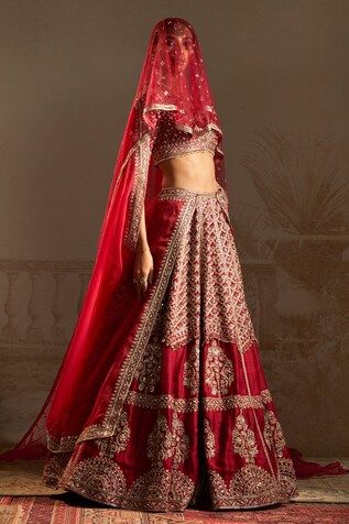 Red can can attached lehenga featuring zardozi embroidered tree, persian floral jaal motifs highlighted by sequins and pearls. Comes with matching embroidered padded blouse and dupatta. - Aza Fashions Embroidered Tree, Ridhi Mehra, Red Can, Padded Blouse, Bridal Lehengas, Can Can, Bridal Lehenga, Aza Fashion, Half Sleeves