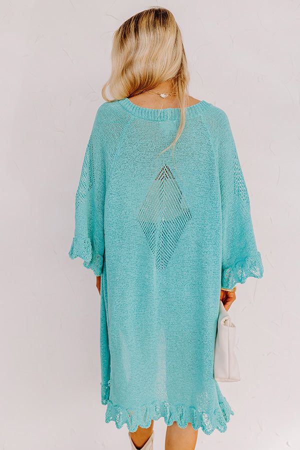 Relax in the summer evening breeze with this cute turquoise cardigan featuring lightweight knit material, oversized half sleeves, ruffle trim detailing, and a draped open front silhouette that falls into a straight mid-calf length hemline! Measurements S : Bust 46", Hip 44", Length 38", Sleeve Length 19", Waist 44". M : Bust 48", Hip 46", Length 39", Sleeve Length 19", Waist 46". L : Bust 50", Hip 46", Length 39", Sleeve Length 19.5", Waist 46".