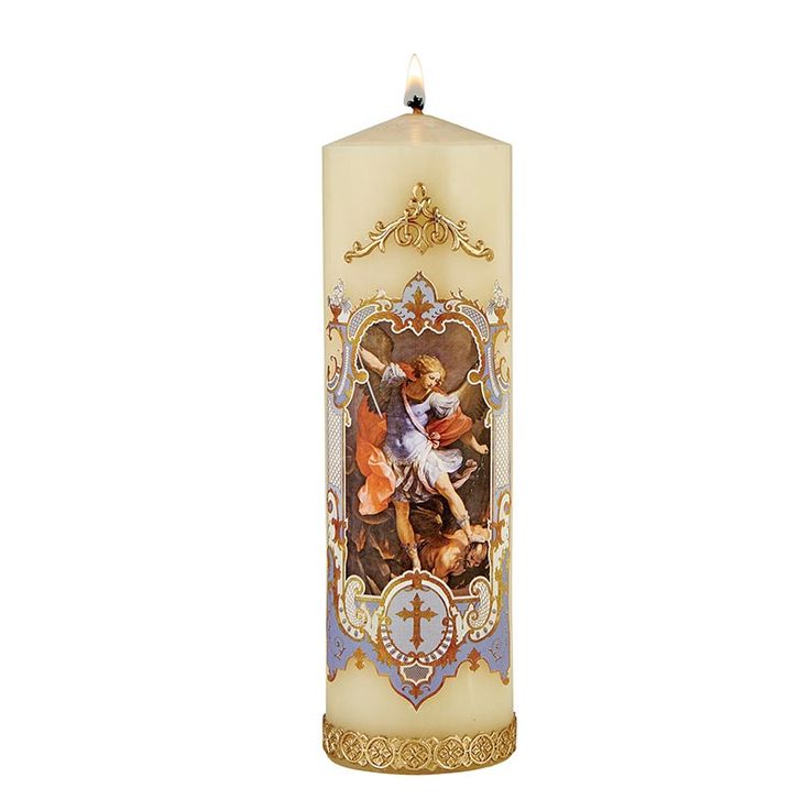 8H Saint Michael Devotional Candle Saint Aubrey Devotion Candle, St Eval Candles, Celebrity Jesus Candles, Catholic Blessed Candles, St Michael Prayer, Saint Candles, Casket Flowers, Relief Design, Vase With Lights