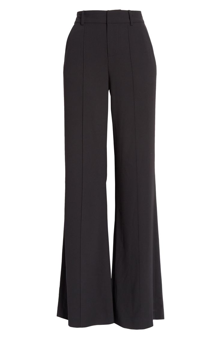 Sleek and sophisticated, these high-waist pants feature flattering front pleats and flowy wide legs. 36" inseam; 28" leg opening; 12" front rise; 15 1/2" back rise (size 8) Zip fly with hook-and-eye closure Side pockets; back welt pockets Unlined 100% polyester Dry clean Imported Individualist Trousers Women Outfit, Petite Style Outfits, Black High Waisted Pants, Black Flare Dress, Professional Pants, Flare Dress Pants, High Waisted Dress Pants, Outfits Dressy, Wide Leg Dress Pants