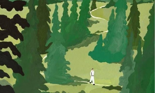 a painting of a person walking in the woods