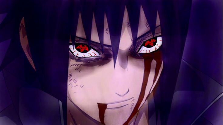 an anime character with red eyes and blood on his face is staring at the camera