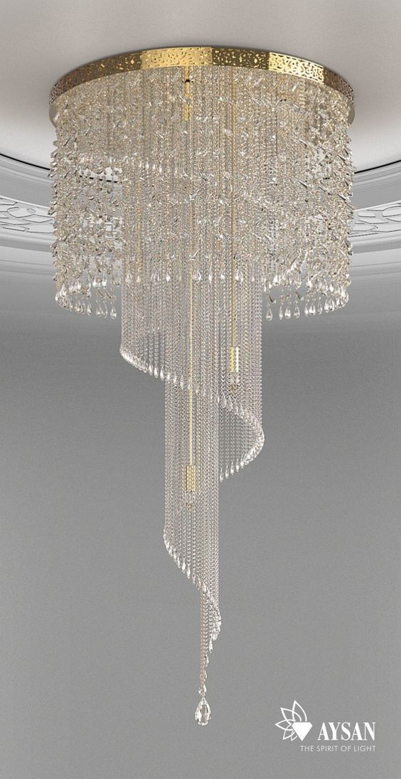 a chandelier hanging from the ceiling in a room with white walls and flooring