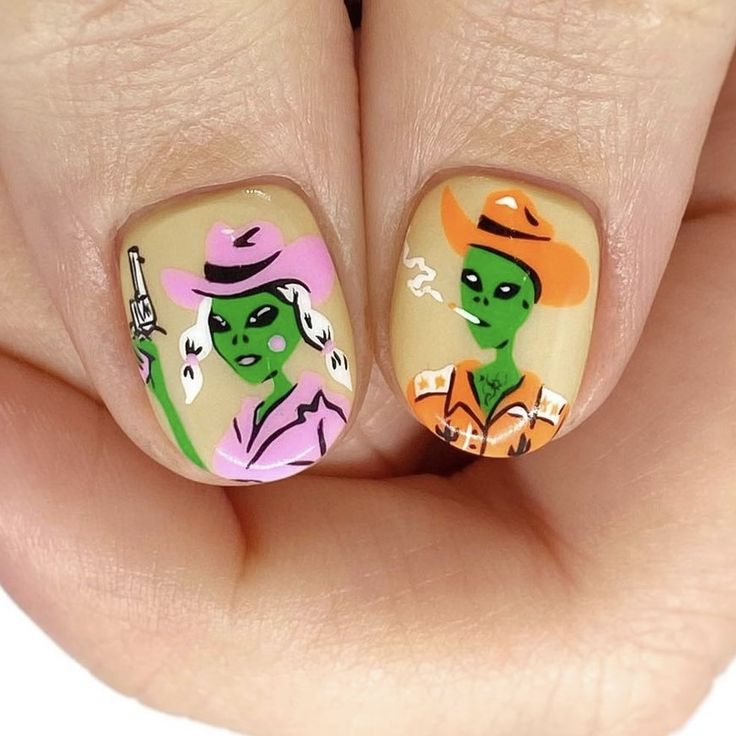 Hand Painted Nail Art Creative, Funky Holiday Nails, Wes Anderson Nails, Funny Nail Art, Comic Book Nails, Hand Painted Nail Art, Accepting New Clients, Western Nails, Painted Nail Art