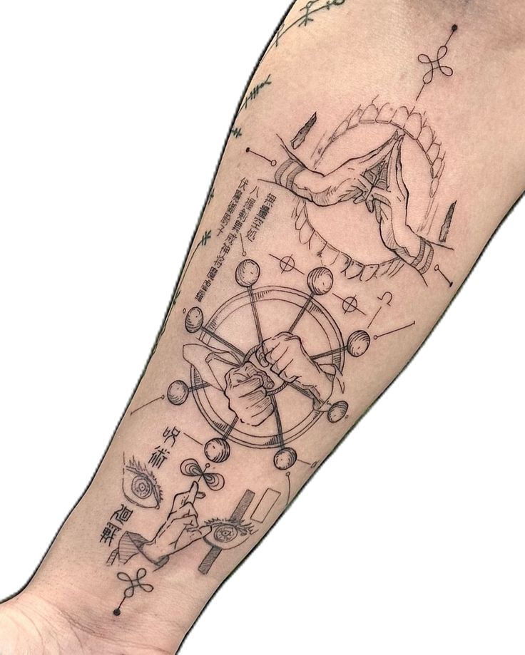 a man's arm with a compass and other symbols on the inside of it