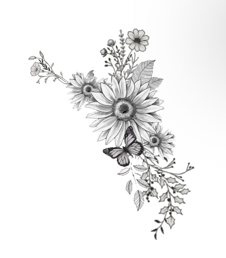 a black and white drawing of sunflowers with butterflies flying around the flower petals