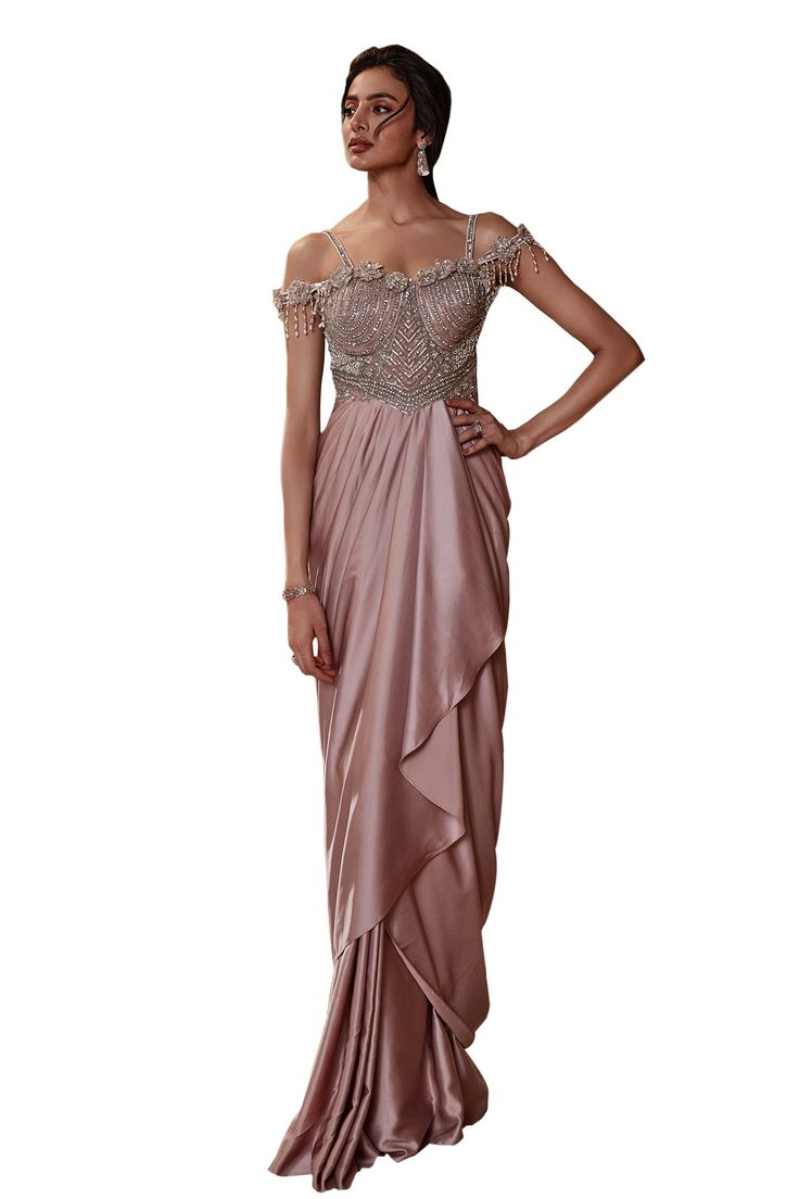 Buy Pink Modal Satin Embroidery 3d Flower Cutwork Merlin Draped Gown For Women by Roqa Online at Aza Fashions. Draped Gown, Satin Embroidery, Cold Shoulder Sleeves, Embroidery 3d, Zardozi Embroidery, Drape Gowns, Gown For Women, Gown Pattern, Pink Gowns